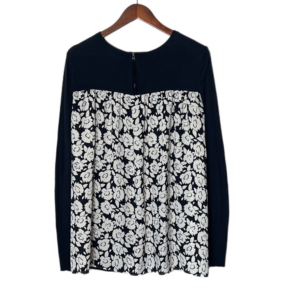 Loft Navy White Silk Blend Sweater with Floral Back - Picture 2 of 4